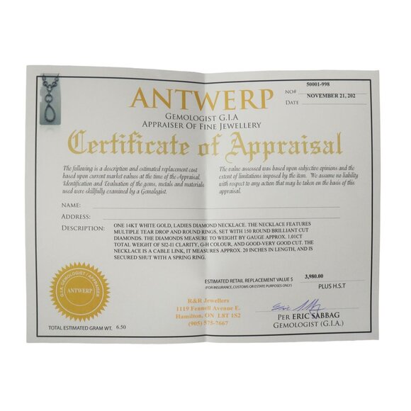 14K White Gold Diamond Drop Necklace With Teardrop Pendant & Chain 18" - Picture 10 of 11